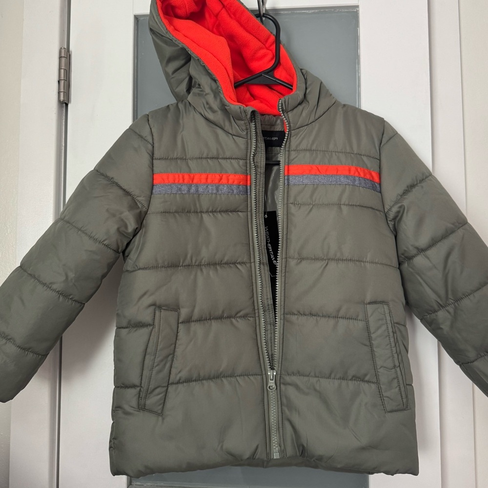 Kids Olive Green Puffer Jacket with Red Lining